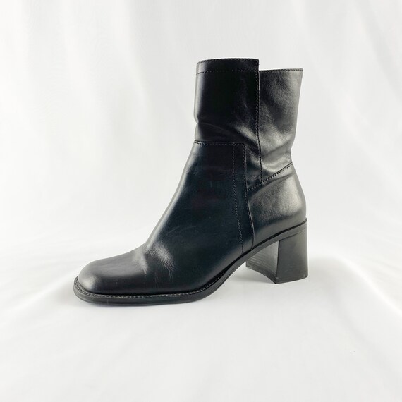 90's Square Toe Black Leather Ankle Boots / Block