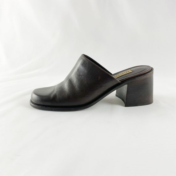 90's Espresso Leather Square Toe Mules / Block Hee
