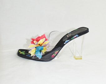 Vintage Clear Lucite Floral Heels / Size 7.5