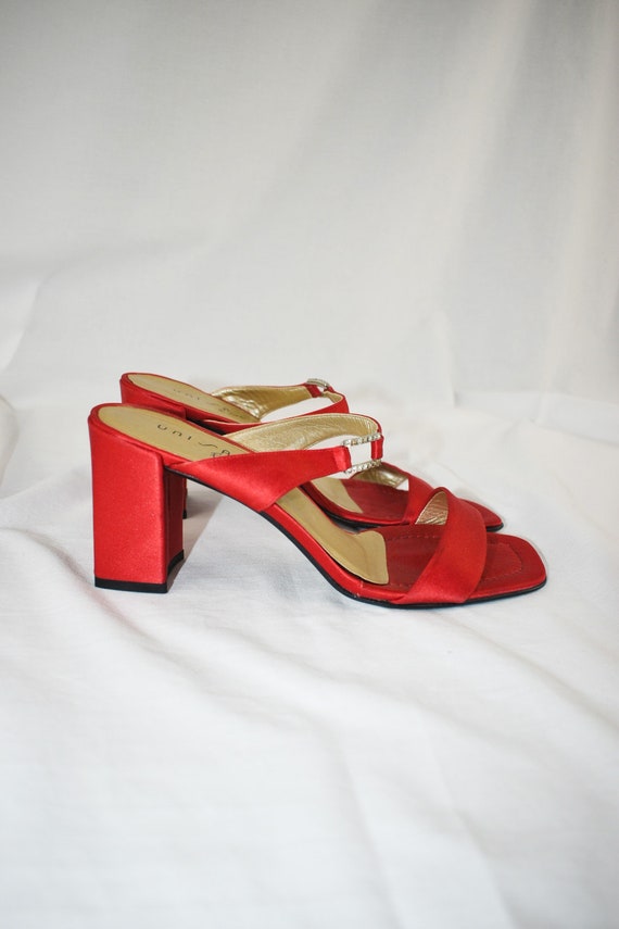 90's Red Satin Square Toe Slide Sandals / Block H… - image 8