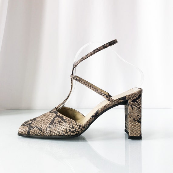 90's Snakeskin Square Toe Strappy Sandals / Block