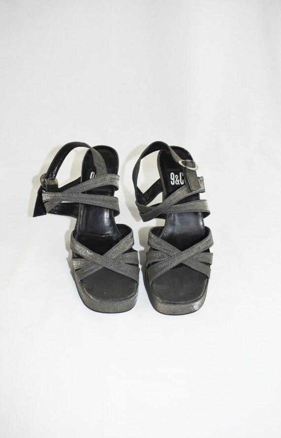 90s Silver Metallic Platform Strappy Sandals / Si… - image 3