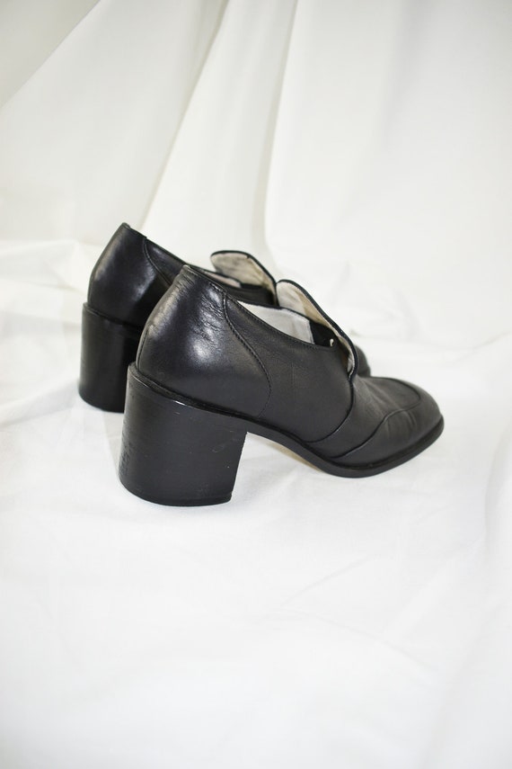 90's Black Leather Square Toe Loafers / Block Hee… - image 4