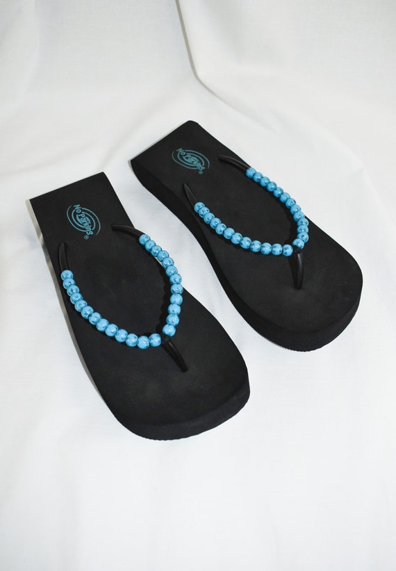 Y2K Blue Beaded Thong Platform Sandals / Size 9 - image 7