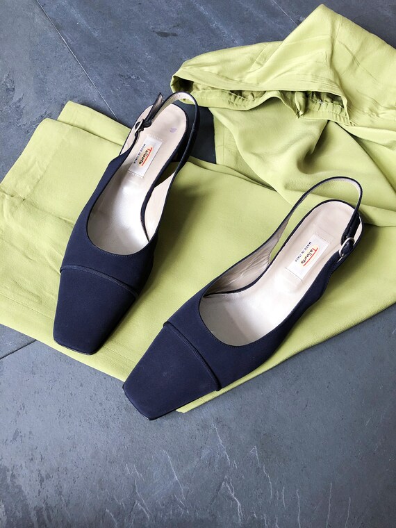 90's Navy Slingback Heel / Block Heel Flat / Size