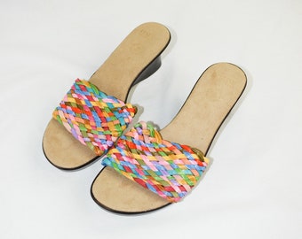 Y2K Rainbow Woven Wedge Sandals / Size 8