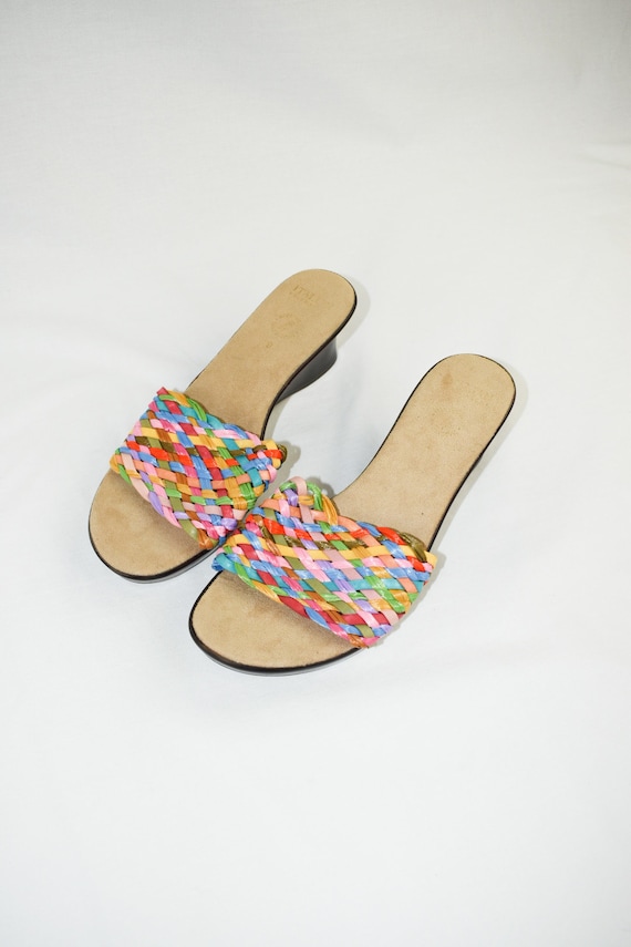 Y2K Rainbow Woven Wedge Sandals / Size 8