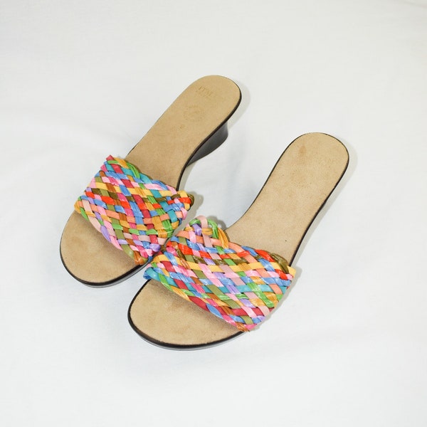 Y2K Rainbow Woven Wedge Sandals / Size 8