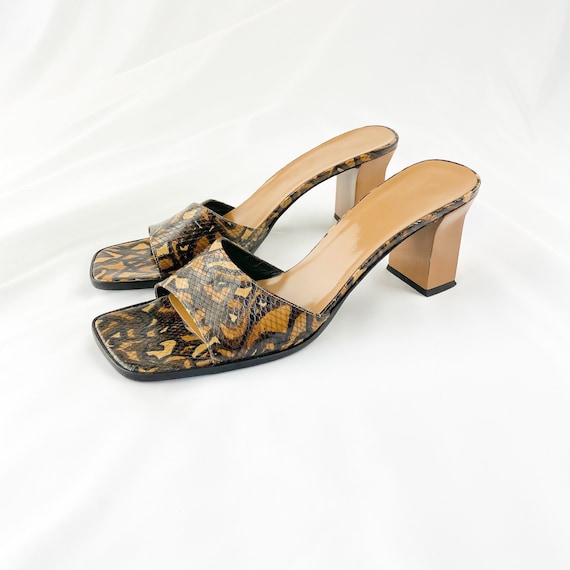 90's Tan Snakeskin Square Toe Sandals / Mules / Si