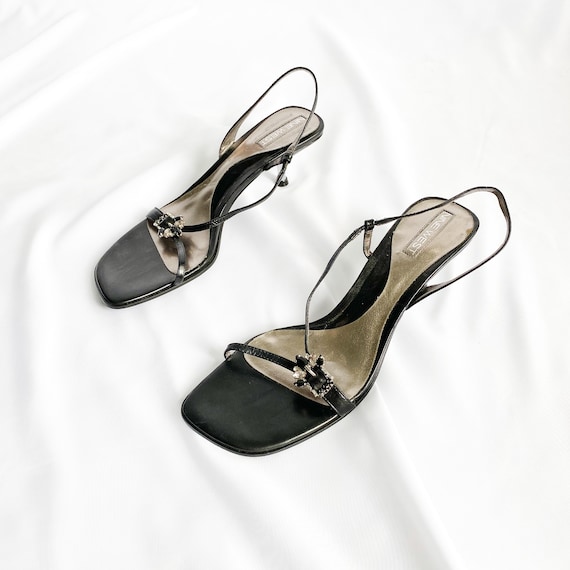 90's Black Leather Slingback Strappy Sandals / Kit