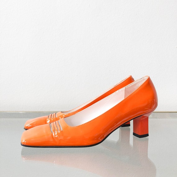 orange patent leather pumps