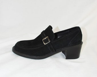 90's Black Suede Chunky Loafers / Block Heels / Size 7