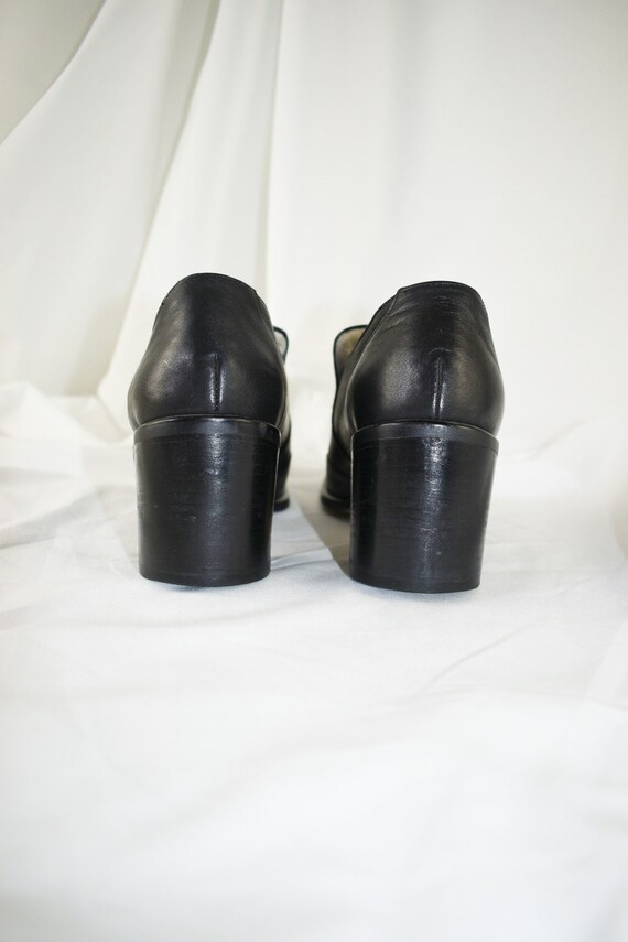 90's Black Leather Square Toe Loafers / Block Hee… - image 5