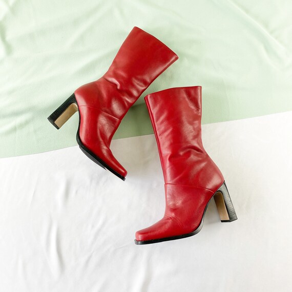 90's Red Leather Square Toe Midi Boots / Size 7.5