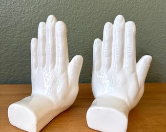Vintage Postmodern White Glazed Ceramic Hand Book Ends