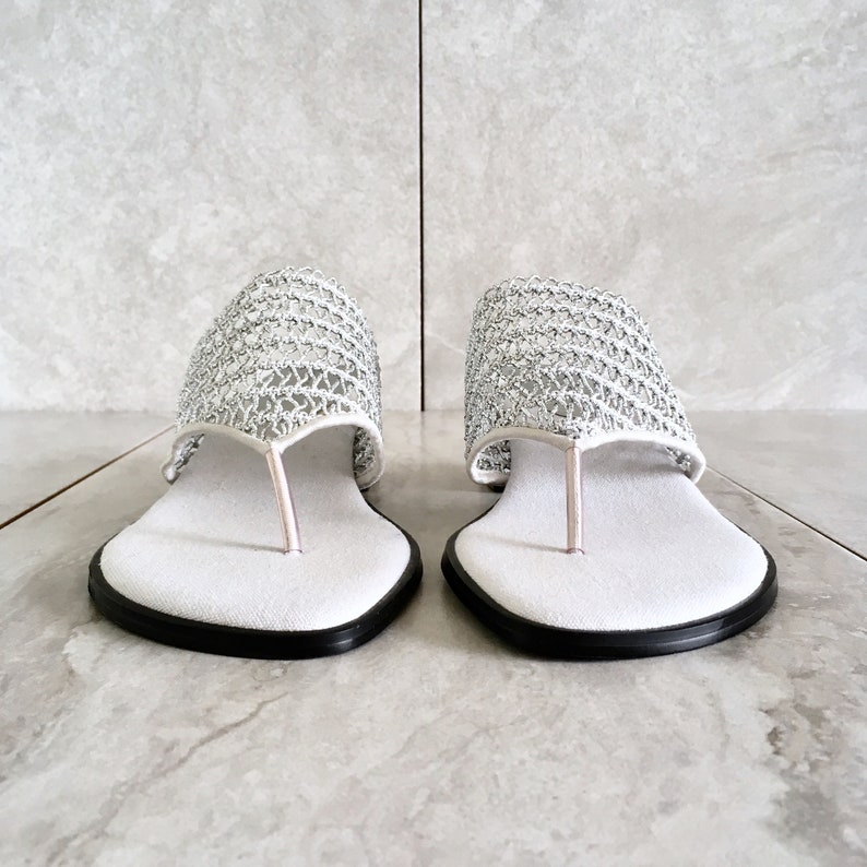 90's Silver Thong Lace Sandal / Vintage Block Heel Sandal | Etsy
