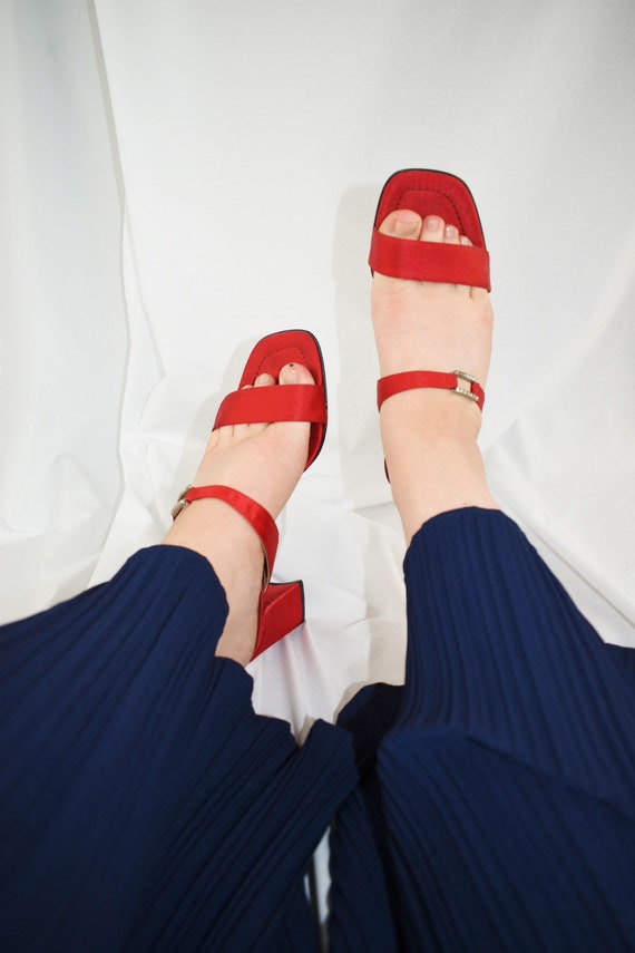 90's Red Satin Square Toe Slide Sandals / Block H… - image 2