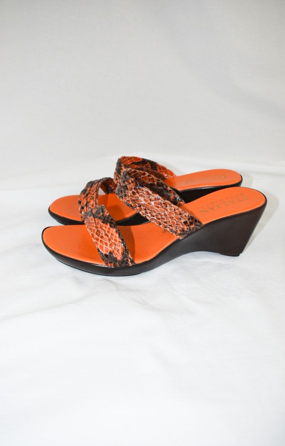 Y2K Orange Snakeskin Strappy Wedge Sandals / Size… - image 5