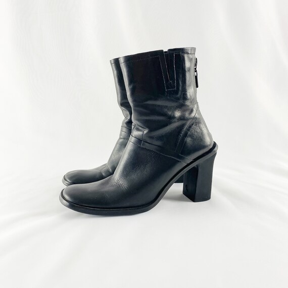90's Black Leather Square Toe Midi Ankle Boots / S