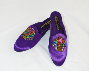 80's Purple Satin Sequin Shell Slippers / Mules / Size 7.5 8