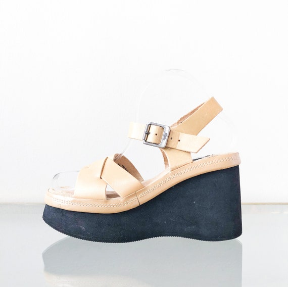 90's Tan Platform Mary Jane Sandal / Wedge Sandal