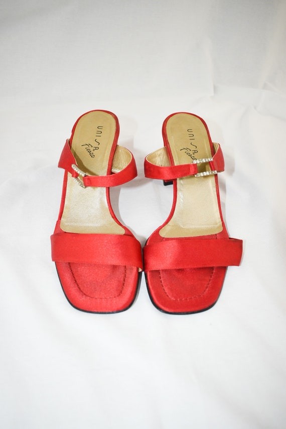 90's Red Satin Square Toe Slide Sandals / Block H… - image 7