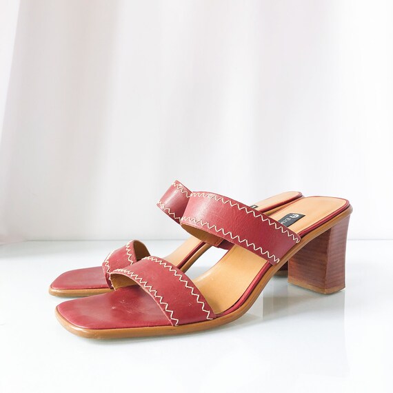 90's Red Square Toe Mules Sandals / Block Heels /
