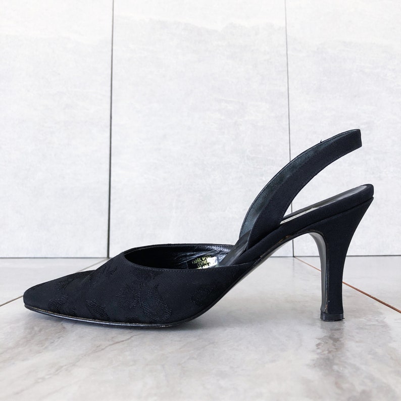 90/'s Black Floral Brocade Slingback Heels Size 7
