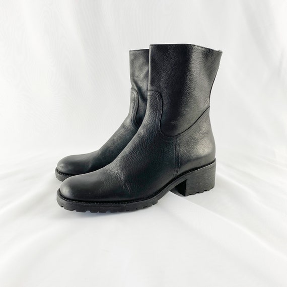 90's Black Leather Midi Ankle Boots / Block Heels