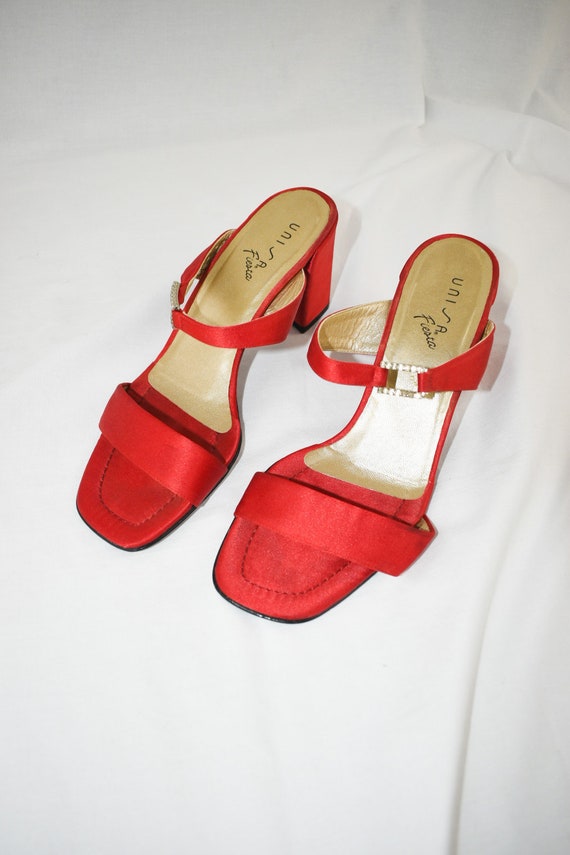 90's Red Satin Square Toe Slide Sandals / Block H… - image 6