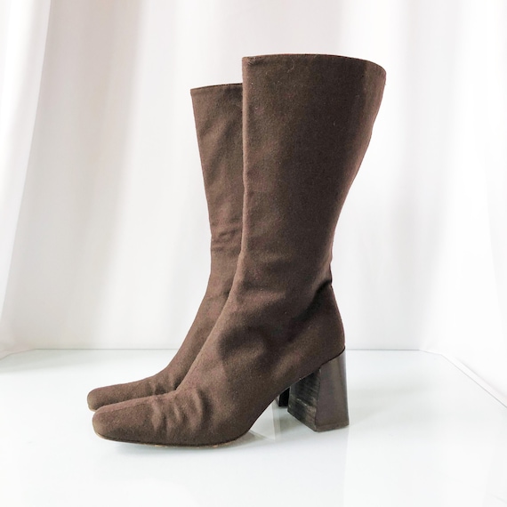 90's Chocolate Wool Square Toe Boots / Block Heels
