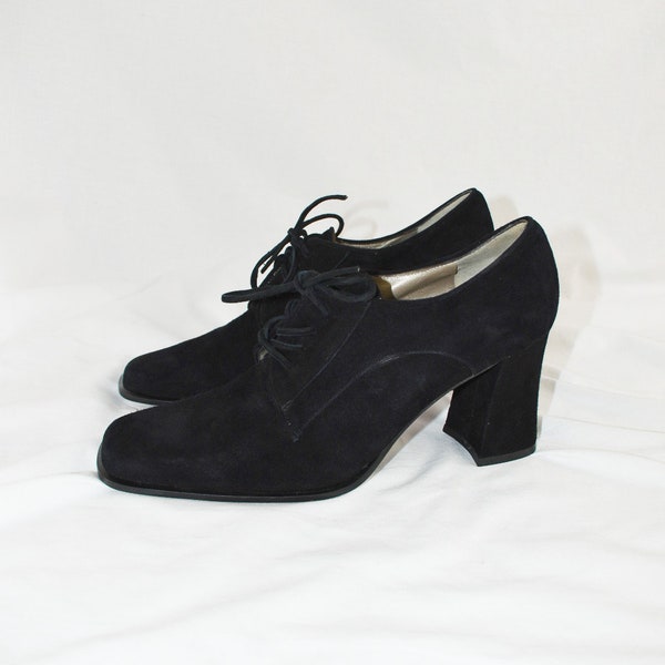 90er Schwarzes Wildleder QuadratSpitze Oxfords / Block heels / Gr. 8