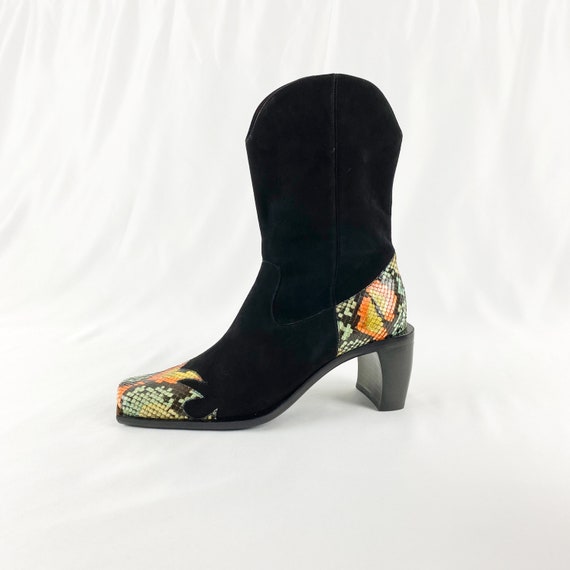 90's Joan and David Snakeskin Suede Midi Boots / S