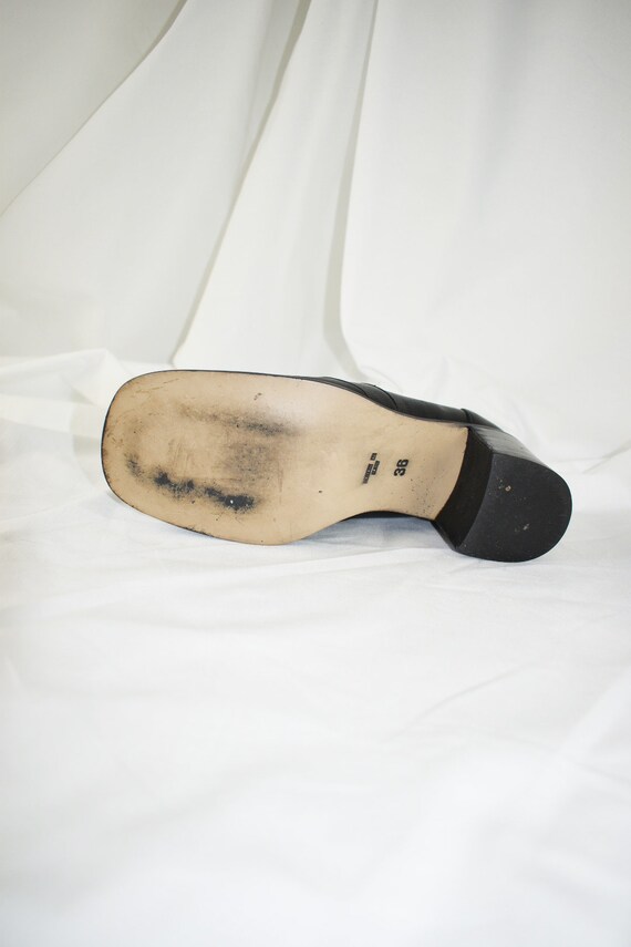 90's Black Leather Square Toe Loafers / Block Hee… - image 7