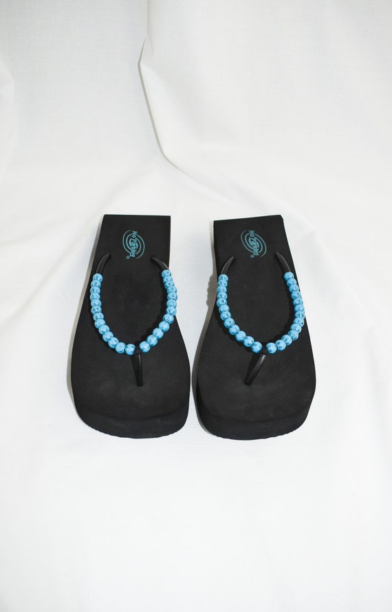 Y2K Blue Beaded Thong Platform Sandals / Size 9 - image 4