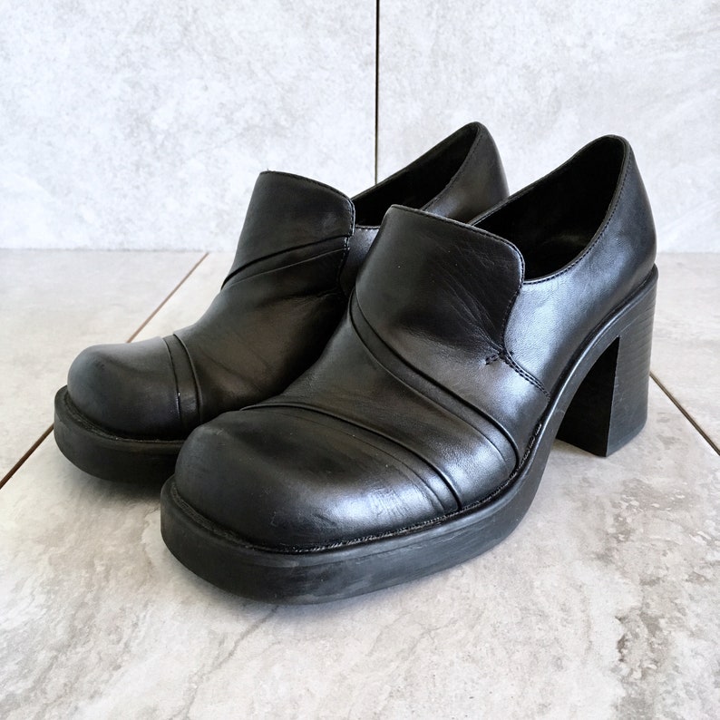 6.5 CLEARANCE 90/'s Black Leather Chunky Heel Loafer Vintage Block Heel EU 37
