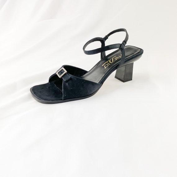 90's Black Ostrich Square Toe Mary Jane Sandals /