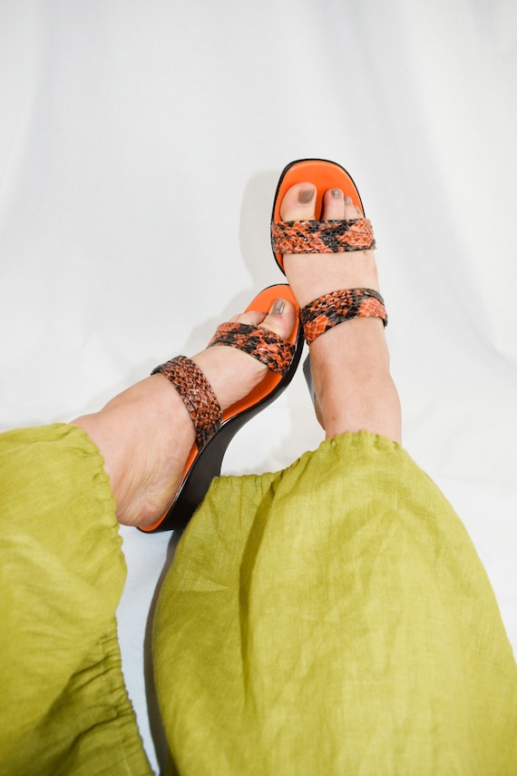 Y2K Orange Snakeskin Strappy Wedge Sandals / Size… - image 2