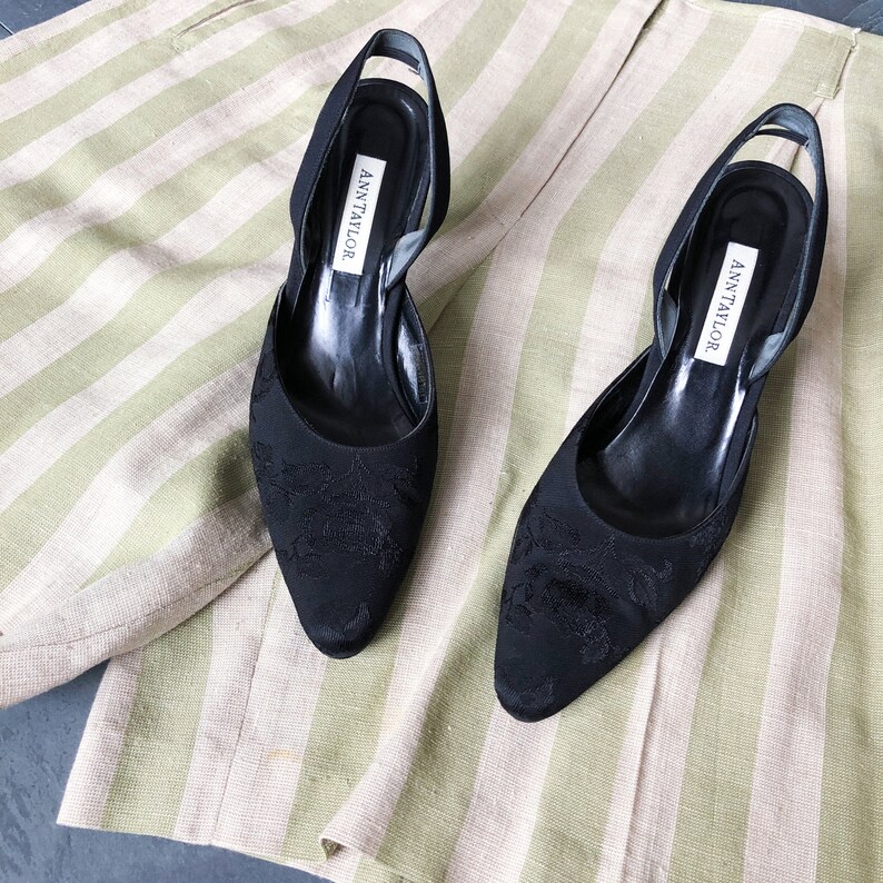 90/'s Black Floral Brocade Slingback Heels Size 7