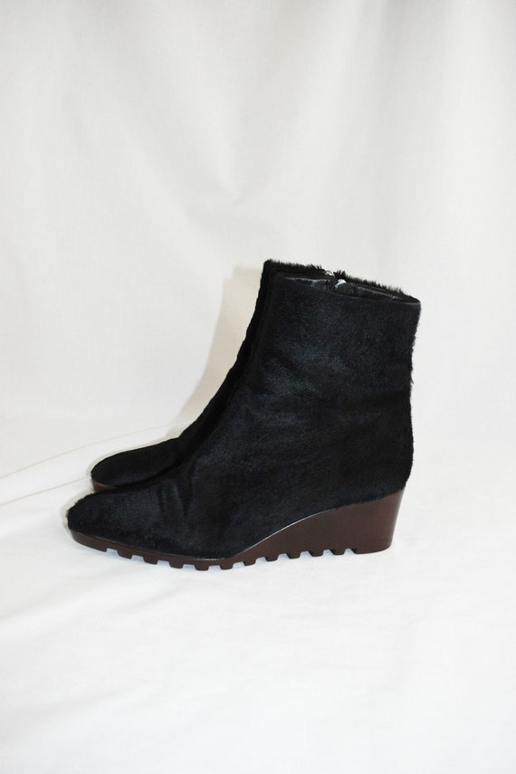 Y2K Black Pony Hair Wedge Ankle Boots / Size 8