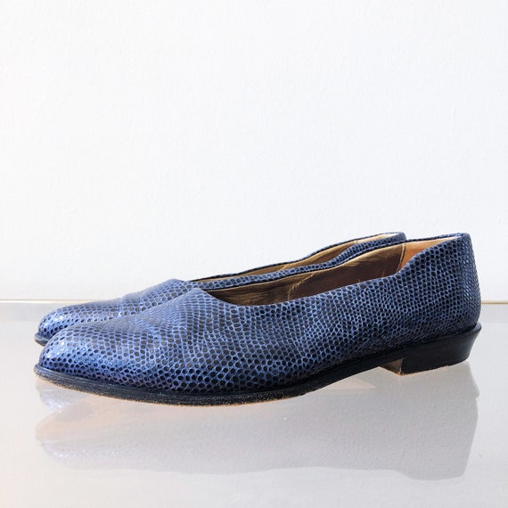 90's Joan and David Metallic Blue Snakeskin Flat /