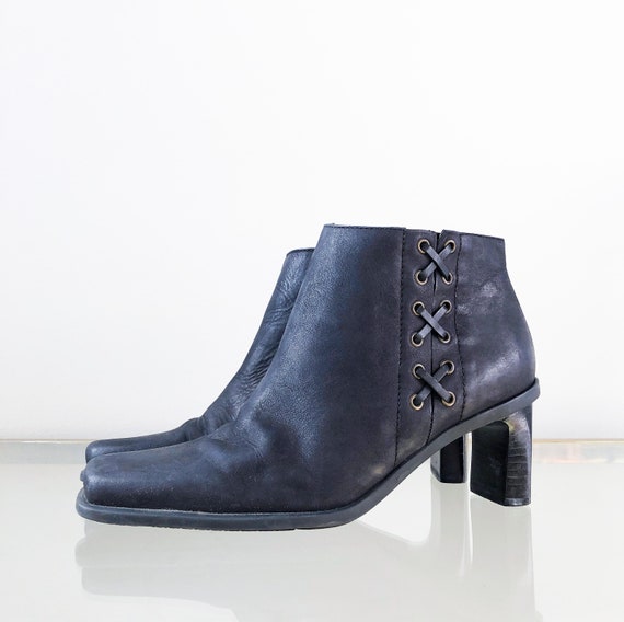 90's Black Leather Ankle Boots/ Square Toe / Size