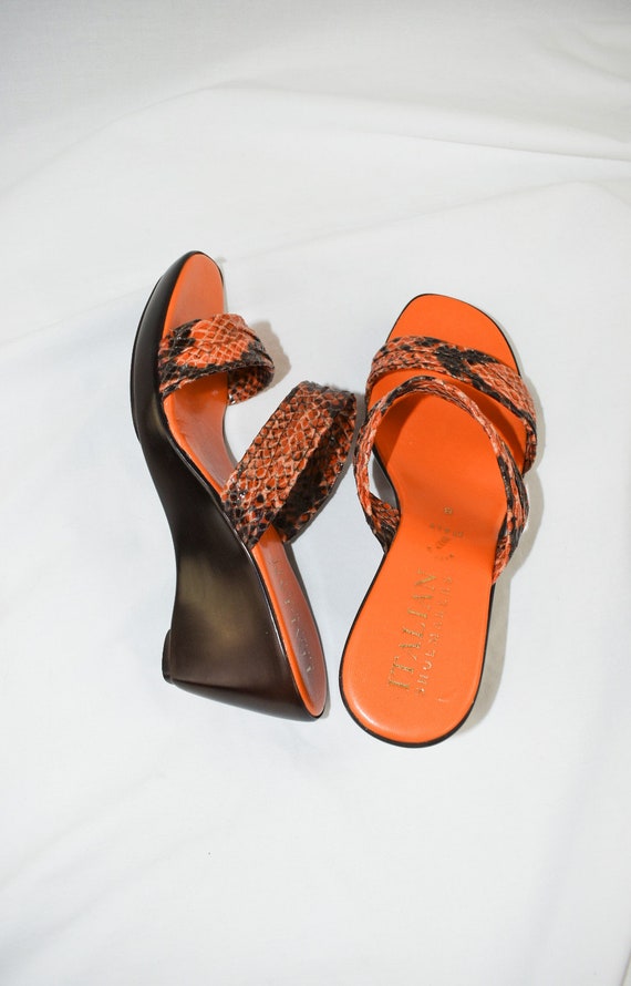 Y2K Orange Snakeskin Strappy Wedge Sandals / Size… - image 4