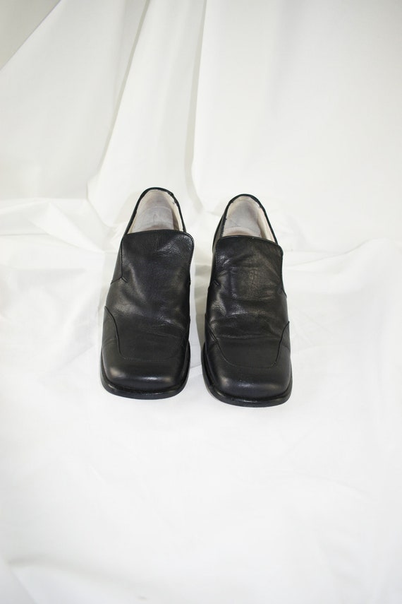 90's Black Leather Square Toe Loafers / Block Hee… - image 3