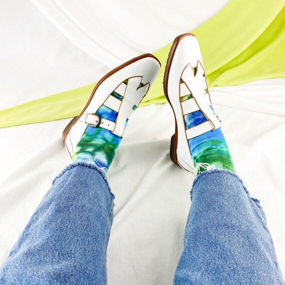 90s White T Strap Mary Jane Flats / Golf Shoes / E