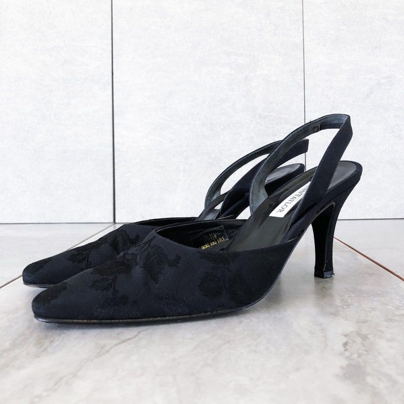 90/'s Black Floral Brocade Slingback Heels Size 7