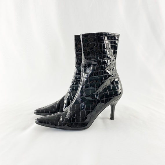 90's Black Patent Leather Crocodile Ankle Boots /