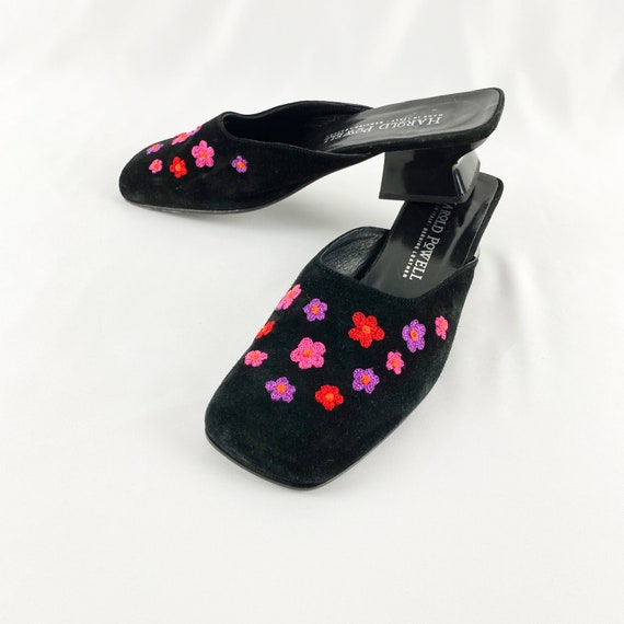 90's Floral Black Suede Square Toe Mules / Block H
