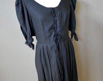 Vintage Berwin & Wolff Linen Black Corset Pleated Dress 42 Large