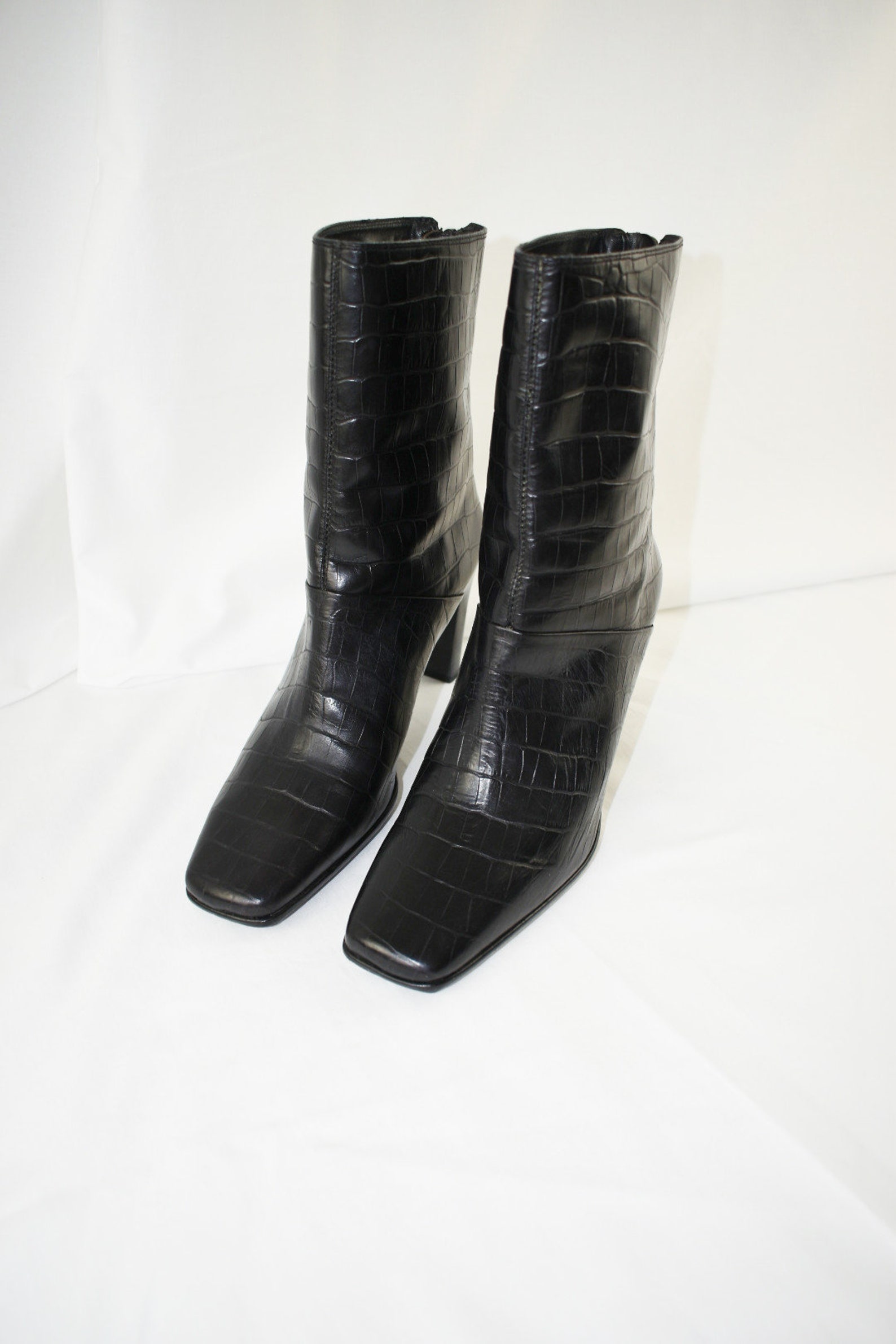 black crocodile square toe boots